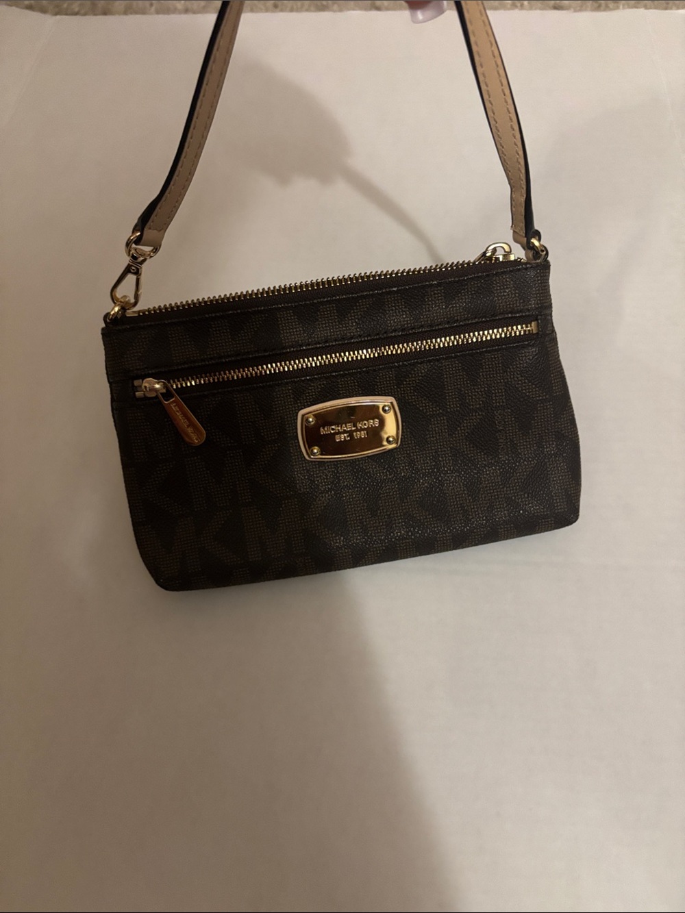 Michael Kors Dark Brown Logo Mini Wristlet with Gold Hardware